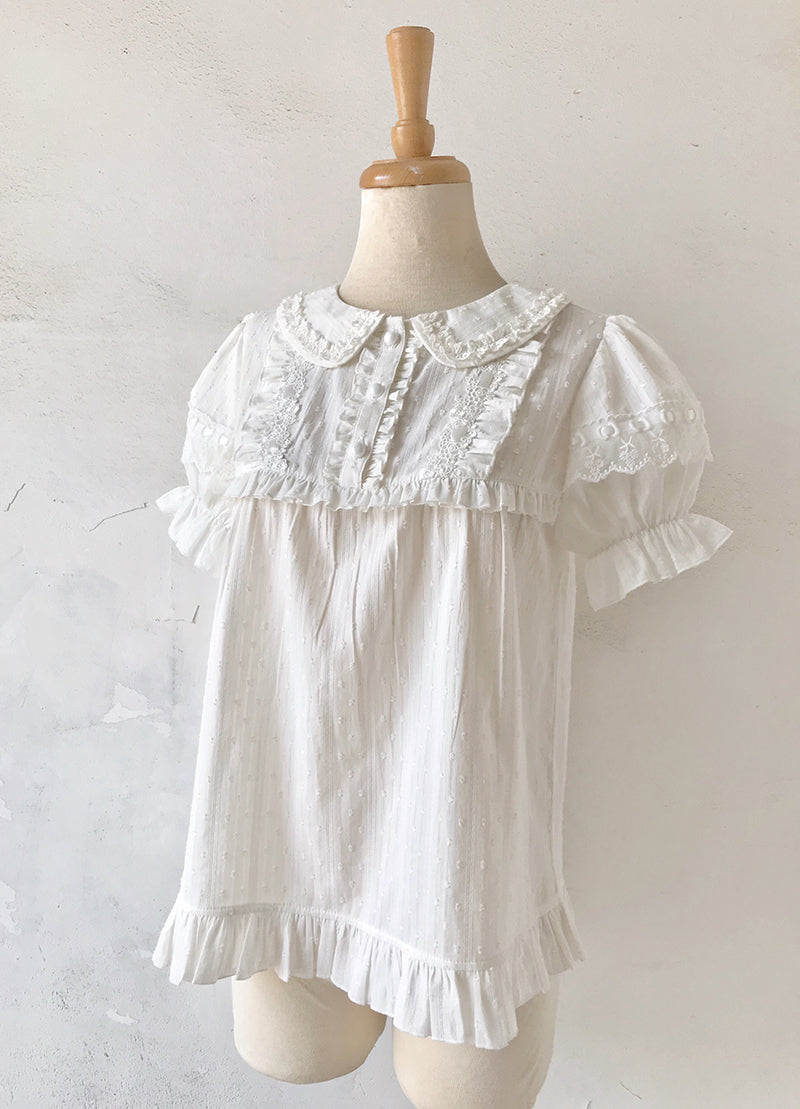 Peter Pan Collar White Lace Blouse With Puff Sleeves L / White Peter Pan Collar White Lace Blouse With Puff Sleeves L / White