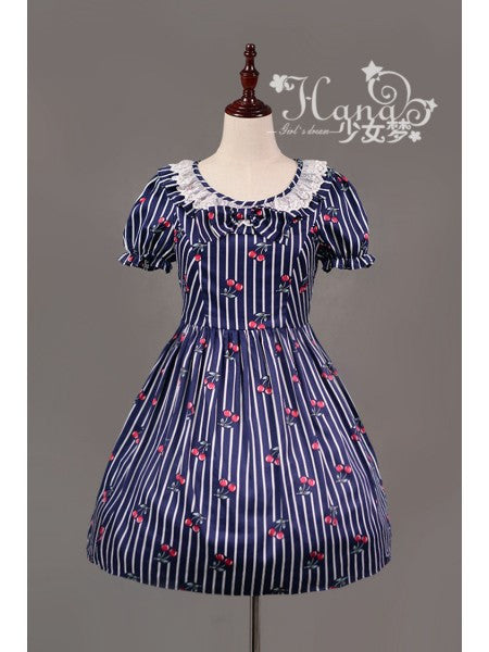 Cherry Stripe Ruffle Collar One Piece in Navy - Lolita Collective