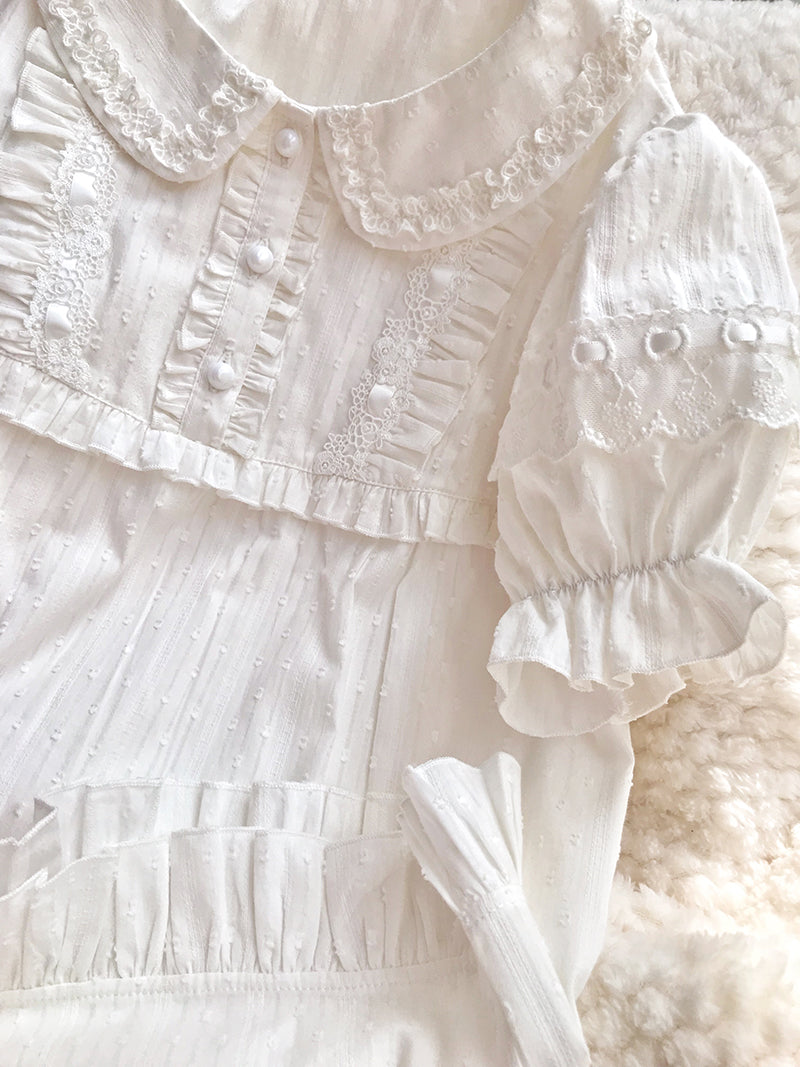 Peter Pan Collar White Lace Blouse With Puff Sleeves L / White Peter Pan Collar White Lace Blouse With Puff Sleeves L / White
